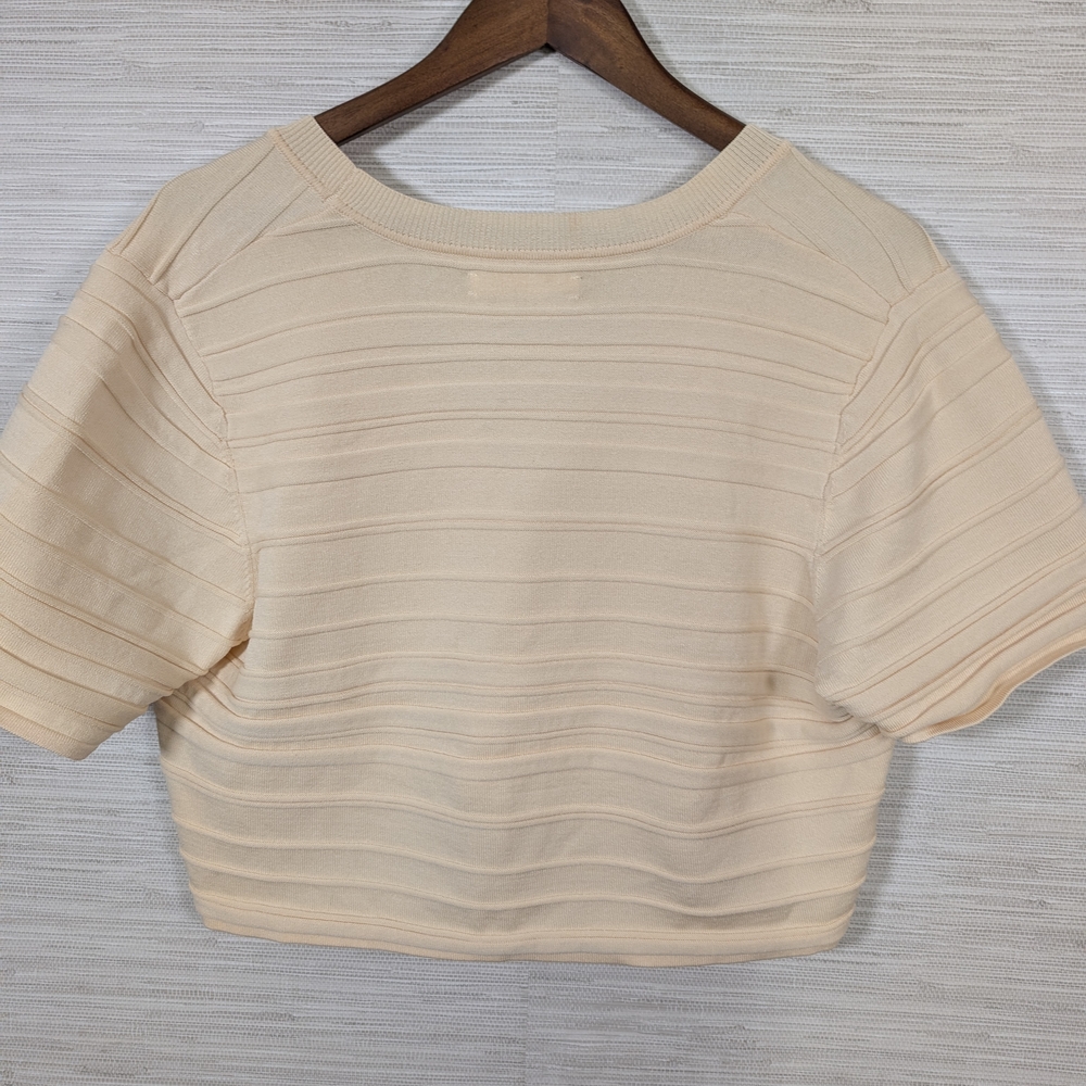 OAK + FORT Cream Short-Sleeve Cropped Cardigan Butter Yellow Cream Large - Picture 3 of 8